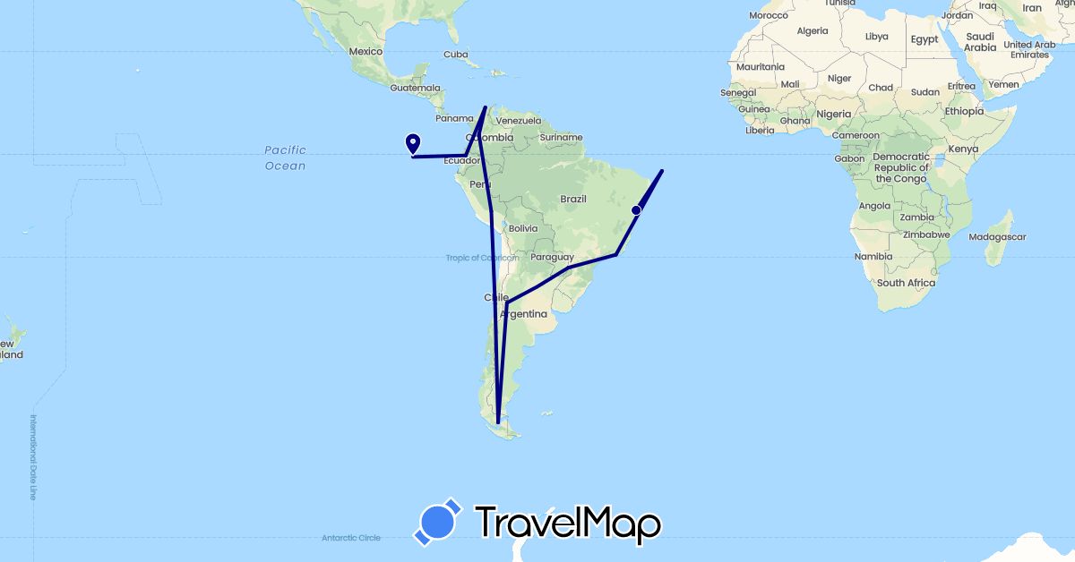 TravelMap itinerary: driving in Argentina, Brazil, Chile, Colombia, Ecuador, Peru (South America)